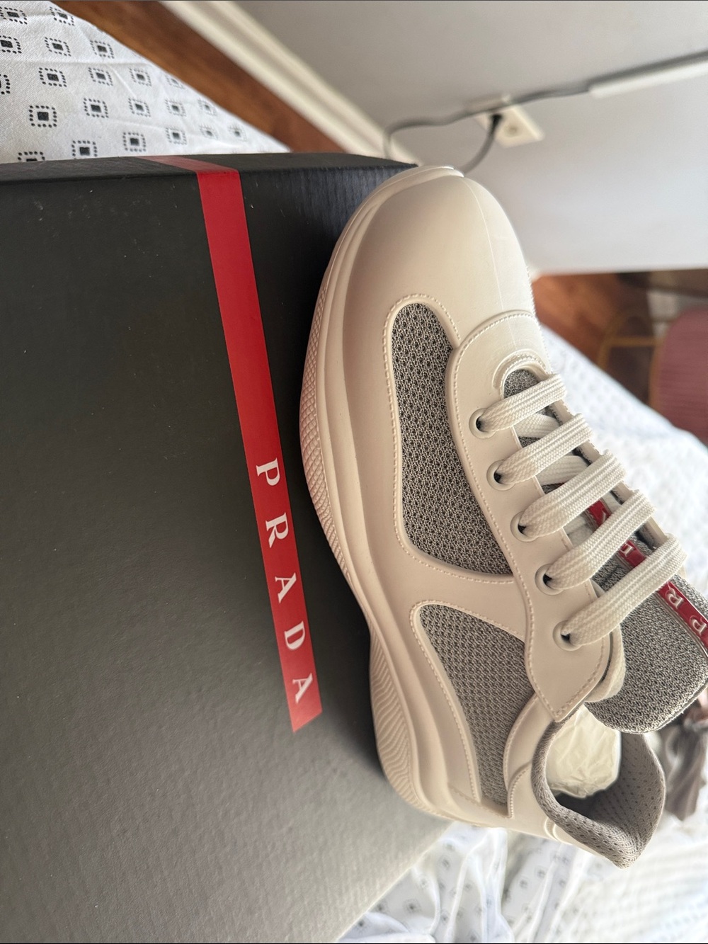 Prada women Cream Mesh & Leather Sneaker - Cream